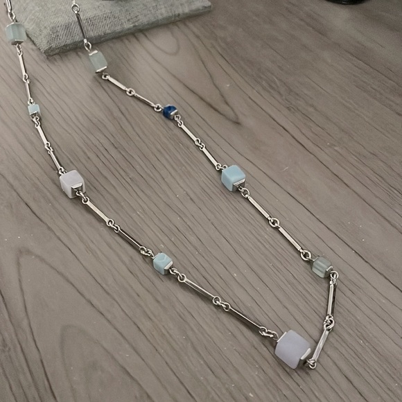 Station Necklace Silver Tone w/Square Stones 32” - Picture 4 of 4